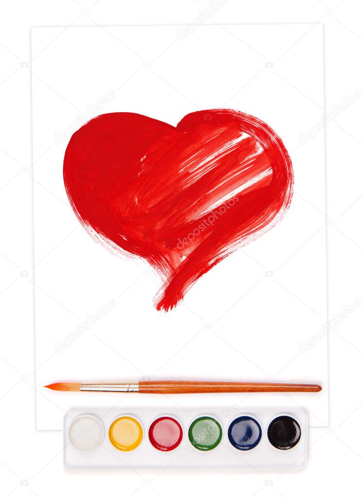 Painted heart, watercolor set and brush Stock Photo by ©soleg 17890397